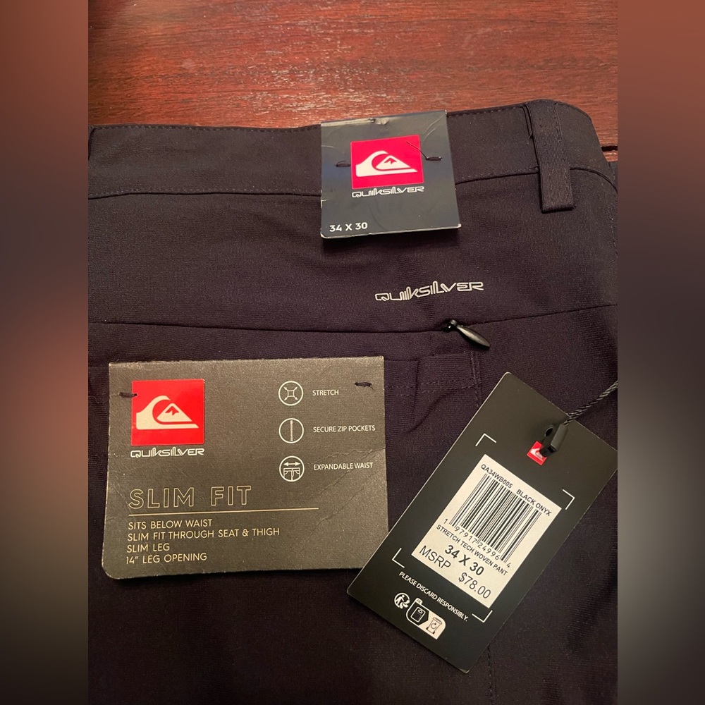 Quiksilver 34x30 Slim Fit Expandable Waist  Black Stretch Tech Woven Pant Mens